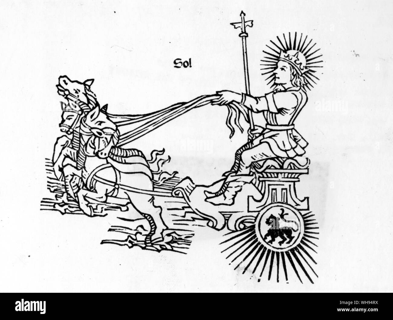 Die Sonne bewegt sich über den Himmel in einem Wagen. Holzschnitt aus Albumasar, Flores astrologiae 1488. Leonardo verachtete populäre Astrologie, aber er hatte eine Kopie dieses Buches auf wahrsagerei durch die Sterne. Stockfoto