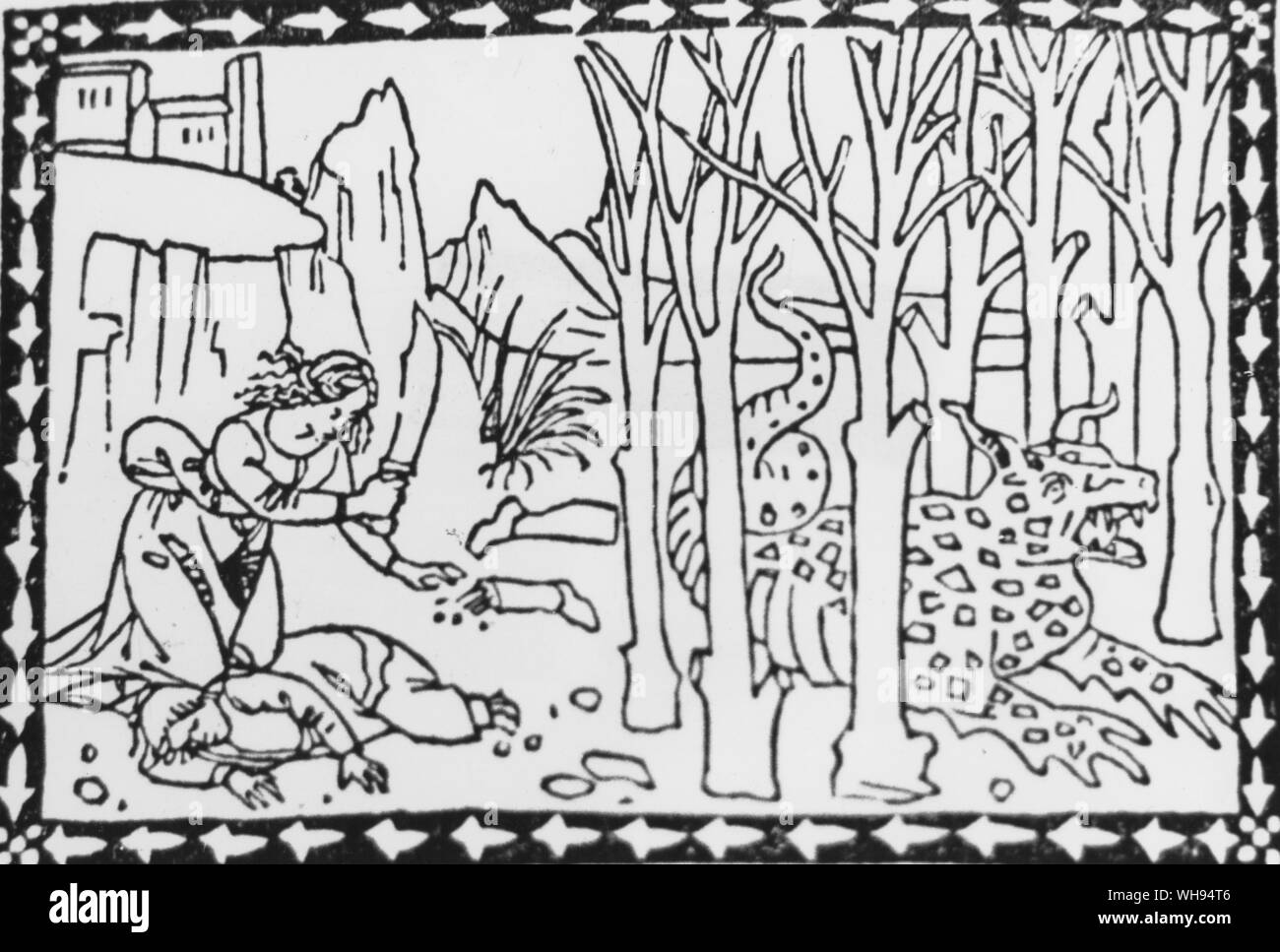 Fabelhafte Tiere und Drachen im Überfluss in die Holzschnitte der ersten gedruckten Bücher. Aus Fior di Virtu 1491 stammt der Basilisk, Symbol der Grausamkeit, giftige, Versengen der Erde mit ihren Atem. Leonardo beschreibt es mehr als einmal und es scheint enorm, in der Größe zu variieren. Stockfoto