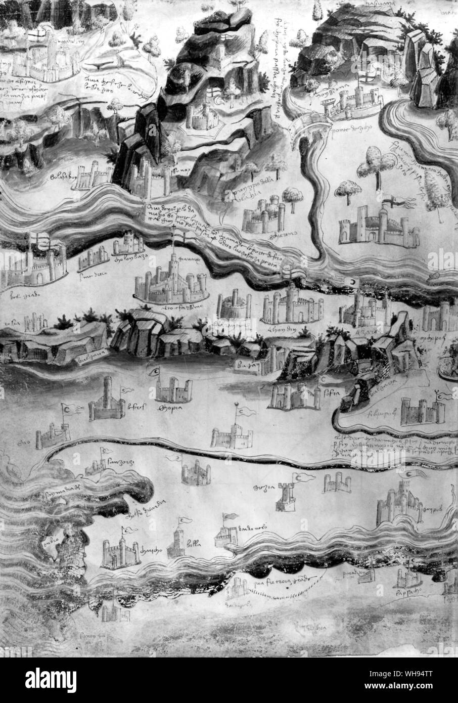 Türkische Fahnen wehen auf die Festungen, südlich von Belgrad (Mitte, links). Die militärischen Ingenieurs Taccola zeichnete diese Karte von der Situation in Osteuropa über 1455. Stockfoto