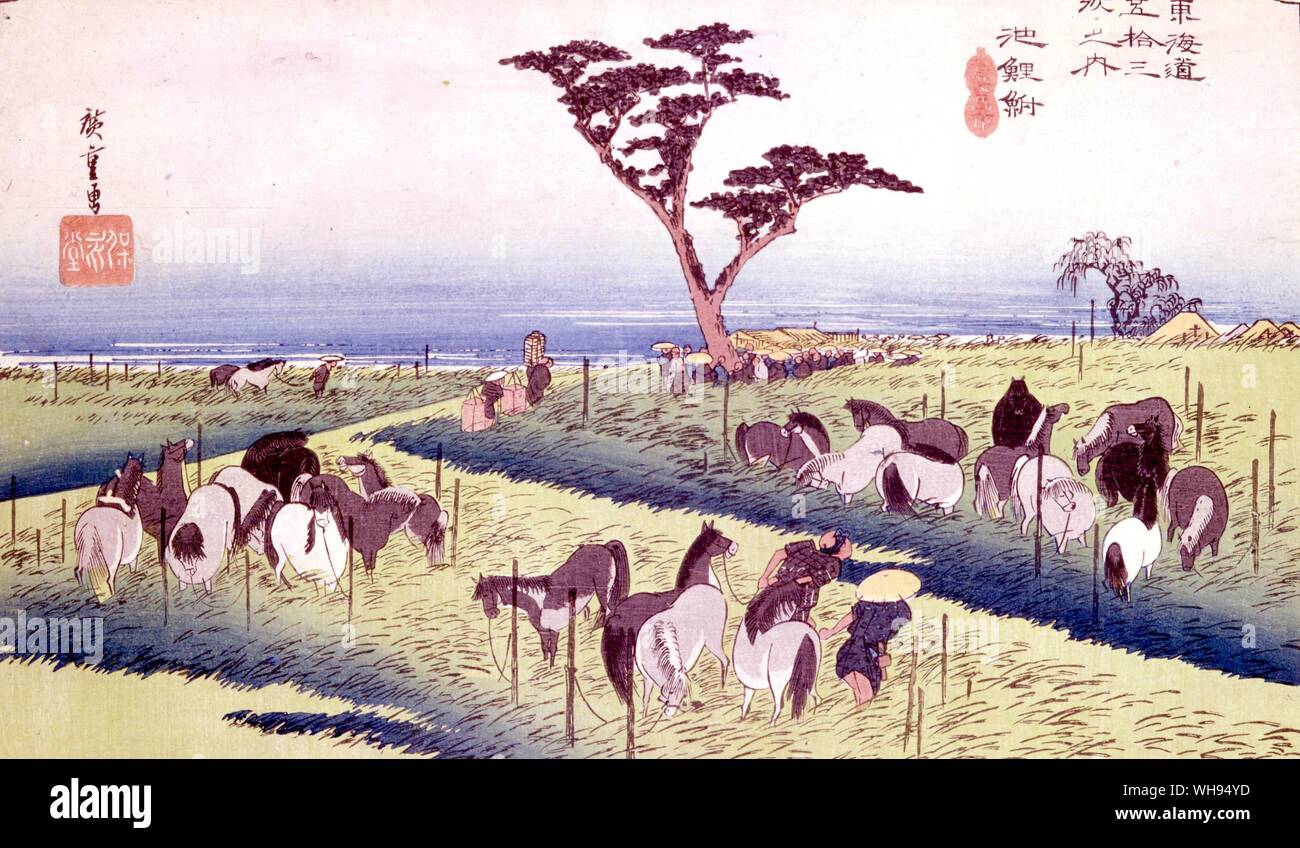 Chiryu Horse Fair eine Der Toksidu japanische Farbdrucke von Hiroshide 1797-1858. Stockfoto