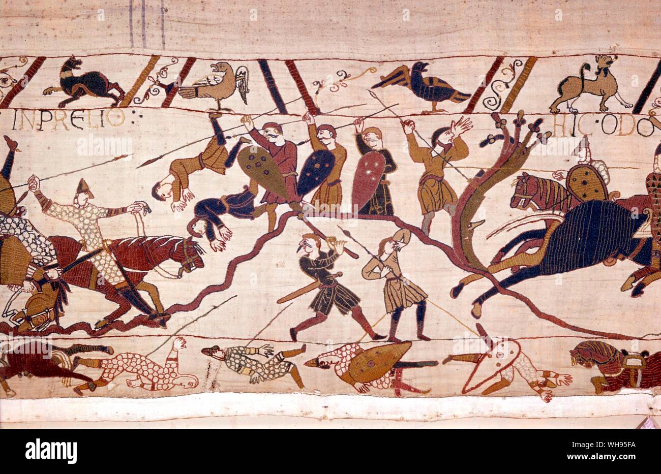 Teppich von Bayeux. Angelsachsen Normannen abstoßen. Schlacht von Hastings Stockfoto