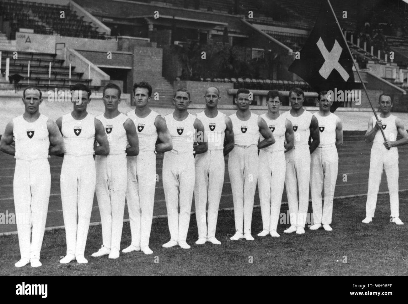 Schweizer Gymnastik Team erhielt Gold der Olympischen Spiele in Amsterdam 1928. Stockfoto