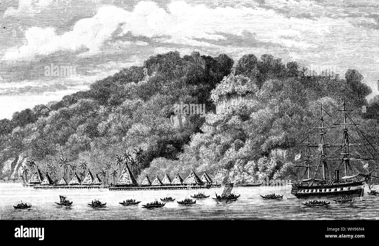 Neuguinea: Kanus, die Ureinwohner von Homboldt Bay kommen, die Geschenke suchen HMS Challenger zu umgeben, die aus dem Dorf Ungrau.. Stockfoto