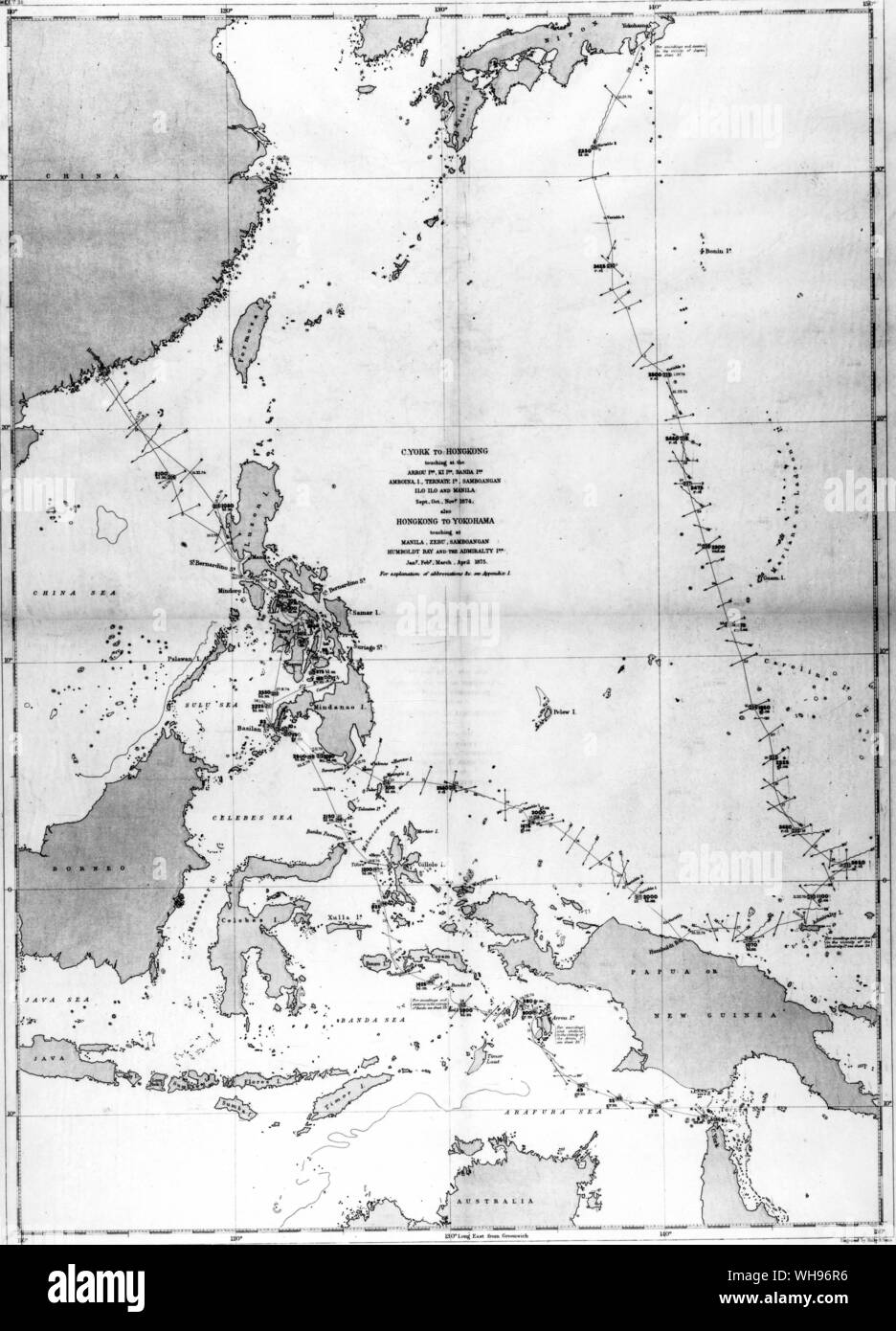 Die HMS Challenger Kurs von Cape York bis nach Japan. Ihr Weg durch den Phillipinen ist schwer zu folgen, im Wesentlichen aber unternahm sie dieselbe Strecke zweimal, auf dem Weg von Hong Kong. Stockfoto