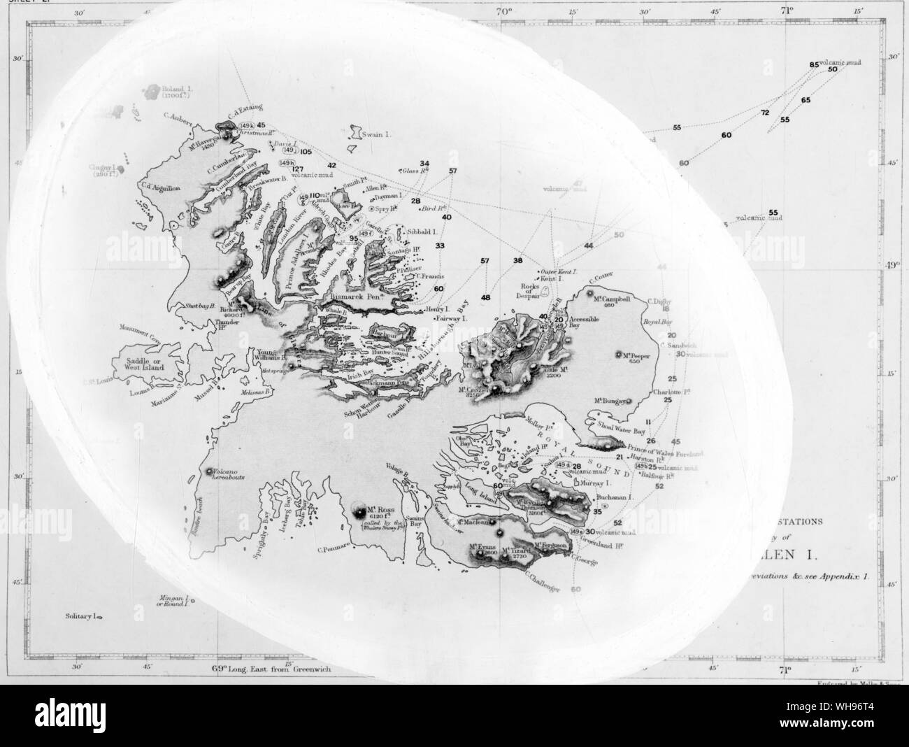 Karte von Kerguelen Land. 3000 km süd-östlich von Kapstadt. Auch als öde Insel bekannt. Stockfoto
