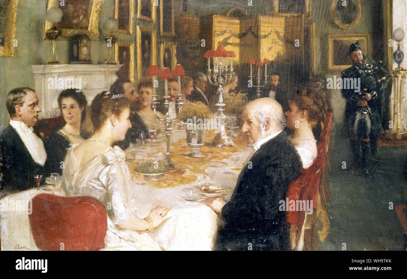 Abendessen in Haddo House von Alfred Edward Emslie 1884. Im Vordergrund sind Lady Aberdeen und auf ihrem rechten Gladstone Stockfoto