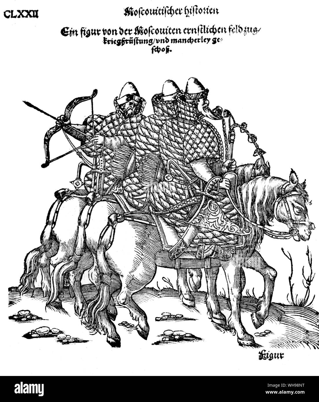 Kriegsführung/Russische Kavallerie über die Zeit der Vassily III. Diese sind Tatarischen Truppen in gepolsterter Baumwolle Jacken von Herberstein, Rerum Muscoviticarum, 1549. Stockfoto