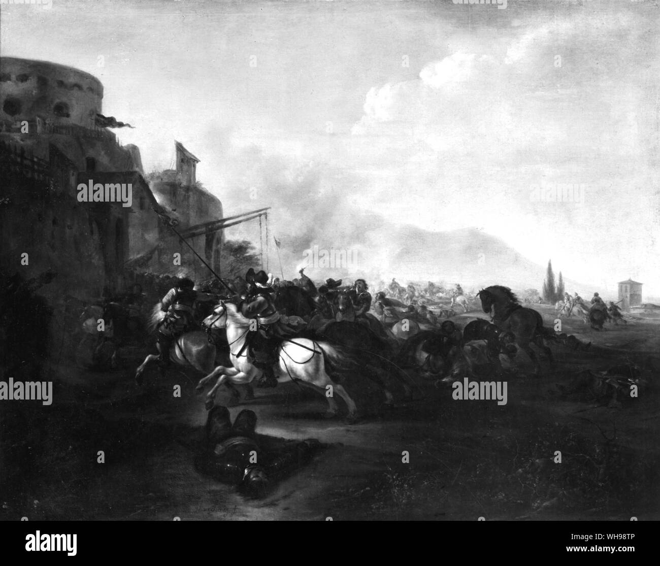 Kriegsführung/Kavallerie Angriff auf ein befestigter Ort, 17. Stockfoto
