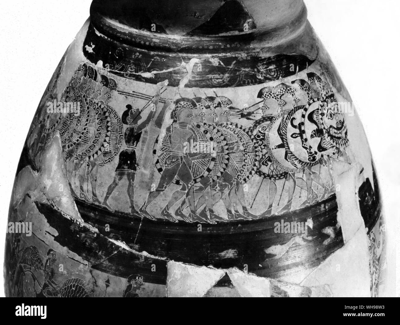 Eine Protocorinthian' Chigi Vase'. Der hoplit Phalanx erweiterte in die Schlacht zu der Musik von Flöten.. Stockfoto