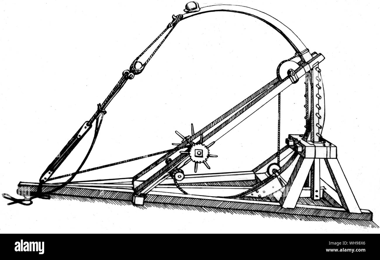 Kriegsführung/eine Feder Motor mit einer Schlinge um den Arm, die zwei Steine gleichzeitig geworfen, von Leonardo da Vinci (1445-1520). Stockfoto