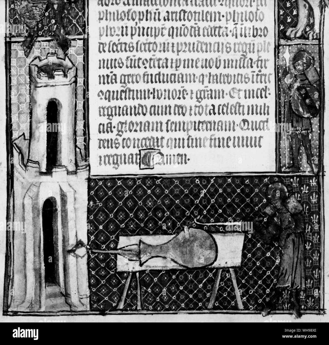 Die früheste bekannte Waffe in Europa wird in einem Manuskript von 1326 dargestellt. Stockfoto