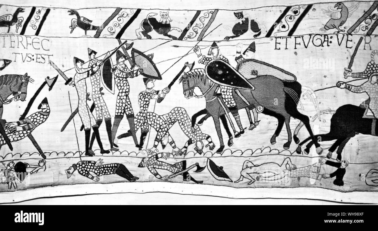 Die normannischen Eroberungen und die Kreuzzüge: Teppich von Bayeux/Schlacht von Hastings. Stockfoto