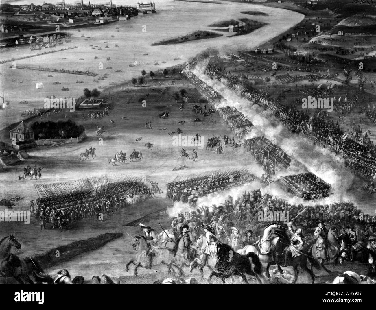 Europäische Kriegsführung: Die schwedische Armee besiegt, die von den Russen an der Dwina in 1701.. Stockfoto