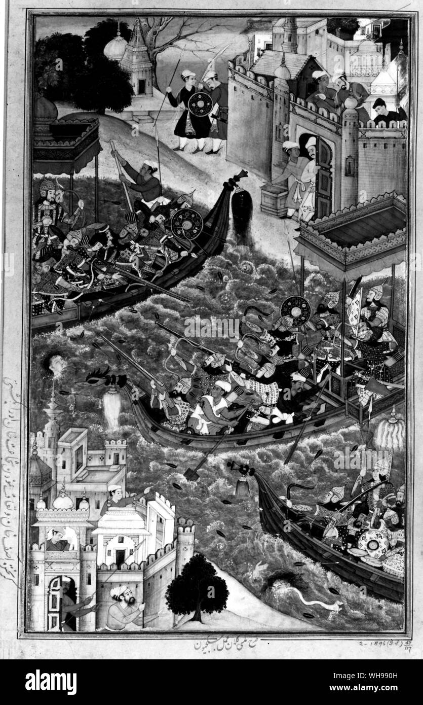 Östlichen Kriegsführung/Indien: Die Turko-Islamic Invasoren verfolgt die Hindus in der Ganges mit Gewehren in 1565.. Stockfoto