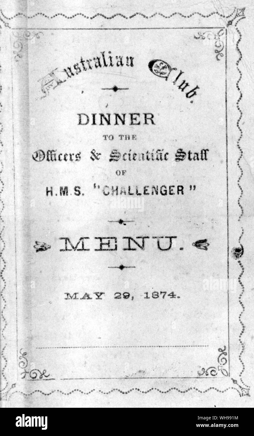 Australian Club Abendessen zu den Offizieren und wissenschaftlichen Mitarbeitern von H M S Challenger Menü vom 29. Mai 1874 Stockfoto