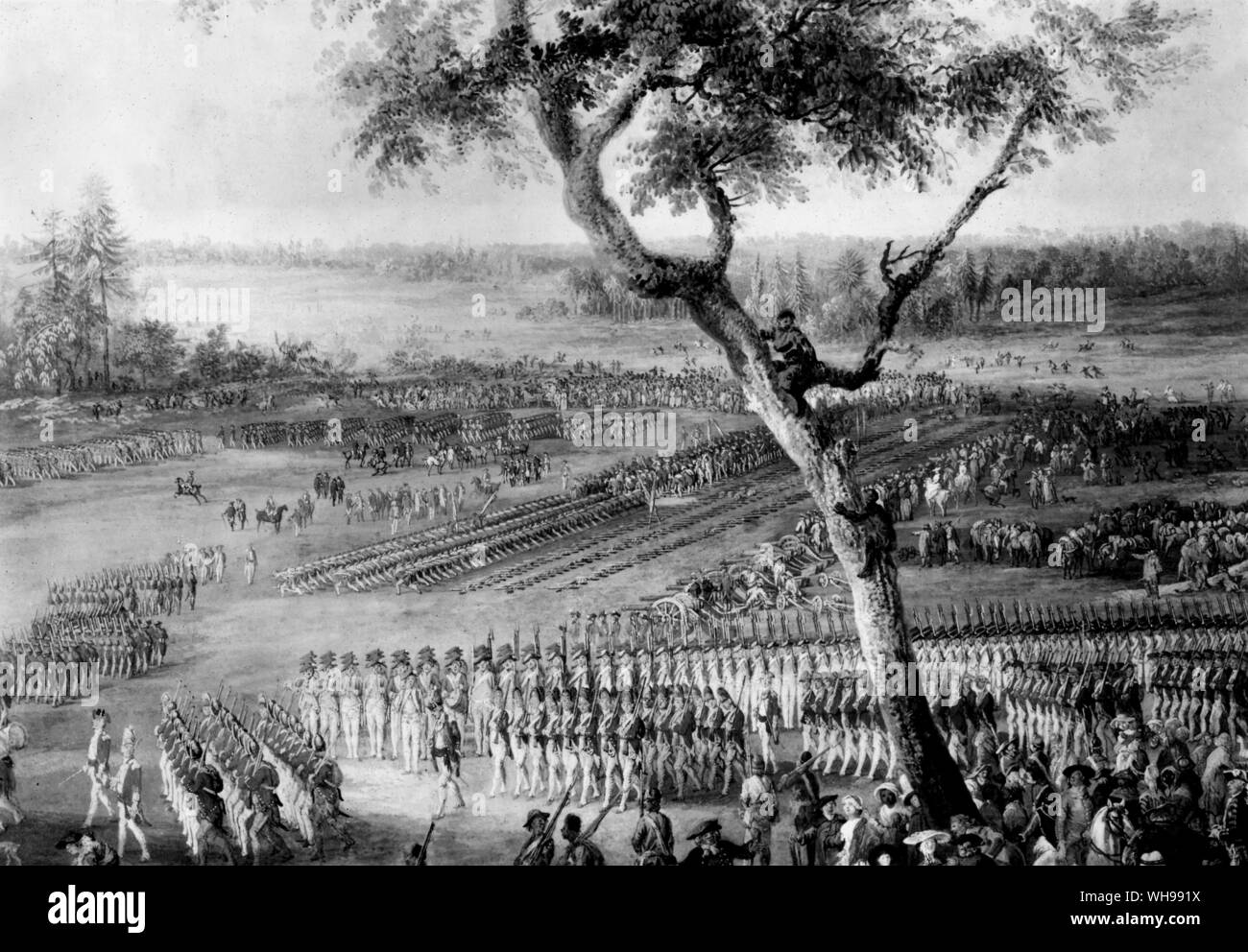 Europäische Kriegsführung/18. Jahrhundert: Die britischen Truppen abgeschnitten in Nordamerika, marschierten in Ordnung bei Yorktown zu übergeben. Stockfoto
