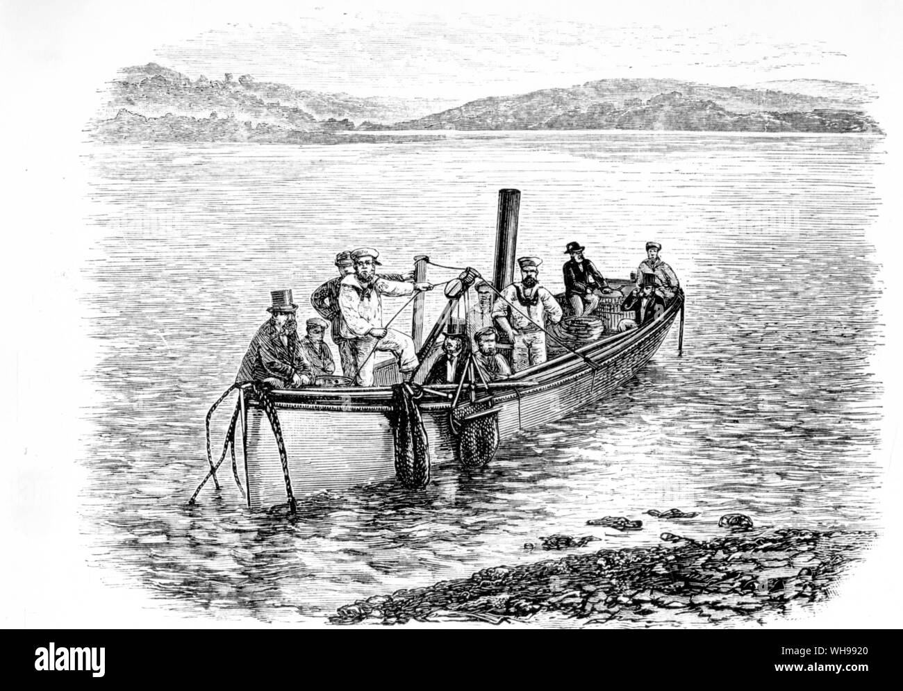 Zeichnung aus dem Foto der Dampf pinnace Baggerarbeiten im Sydney Hafen genommen Stockfoto