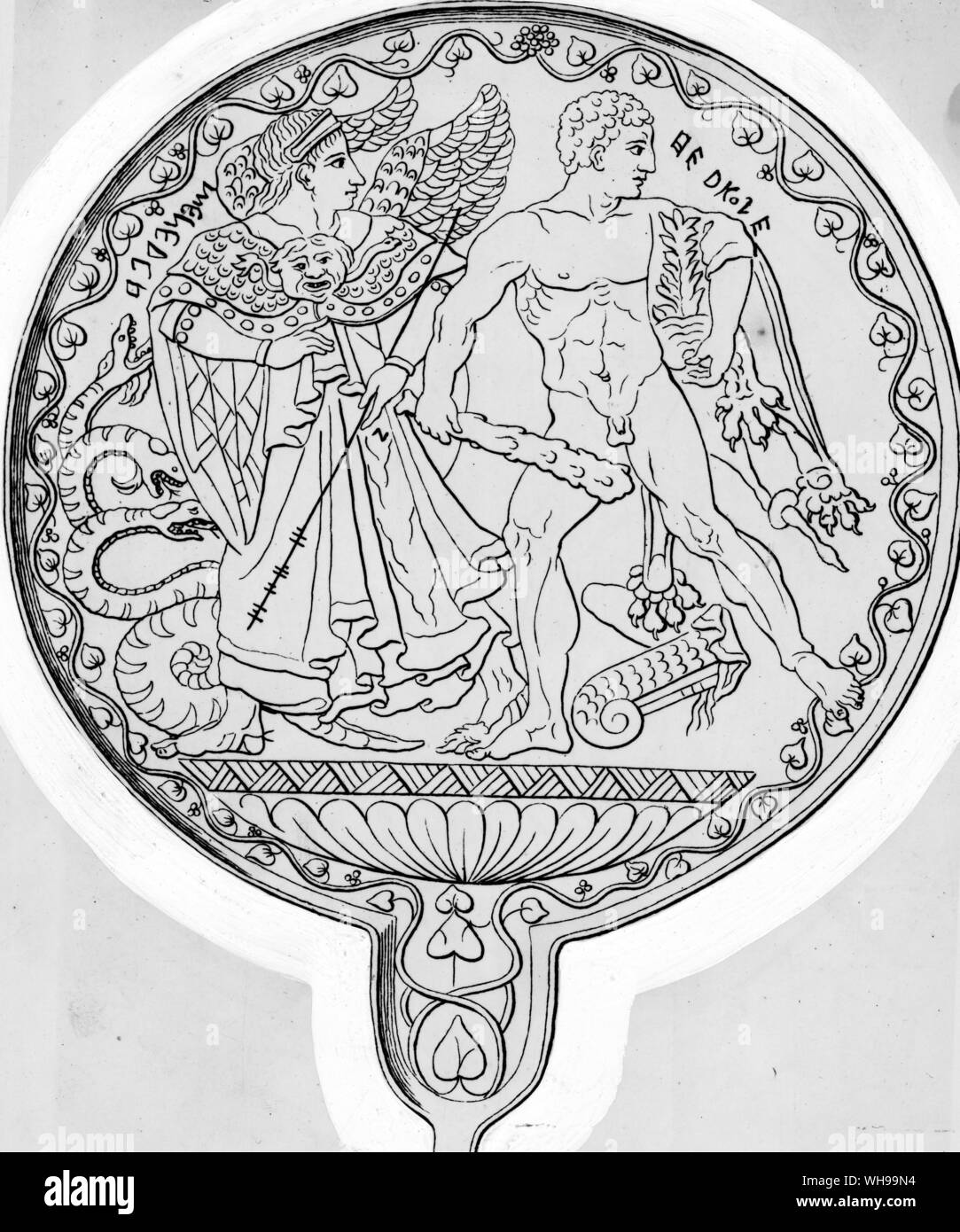 Eine Gravur auf einem etruskischen Spiegel Spiegel Menrva führenden Hercules zu seiner zweiten Arbeit die Zerstörung der vielen Hydra vorangegangen Stockfoto