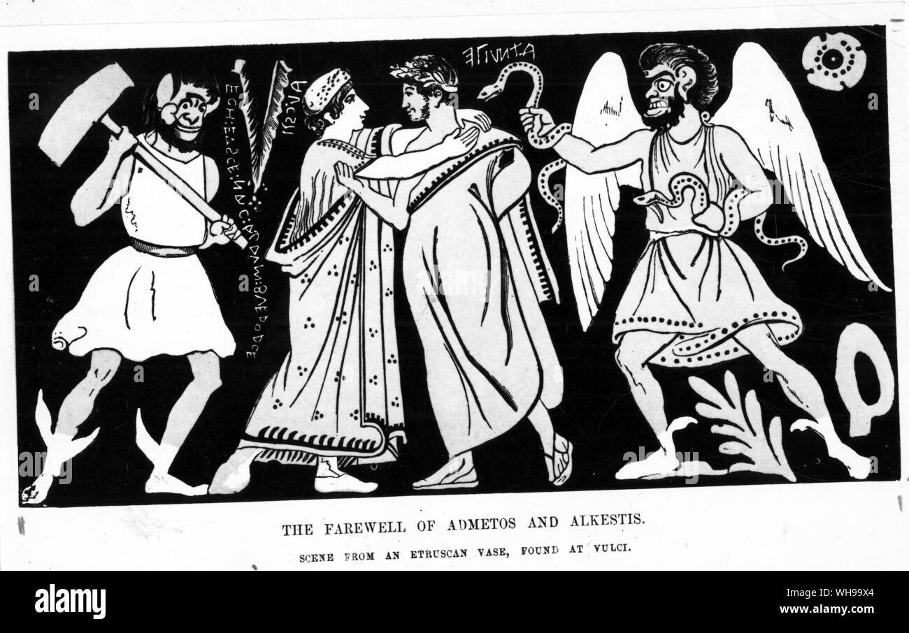 Italien / frühen Zivilisation / Etrusker: der Abschied von charun Admetus und Alkestis mit seinem Hammer und der Engel des Todes seine Schlangen Holding ausüben. Von einer Etruskischen Vase gefunden in Vulci.. Stockfoto