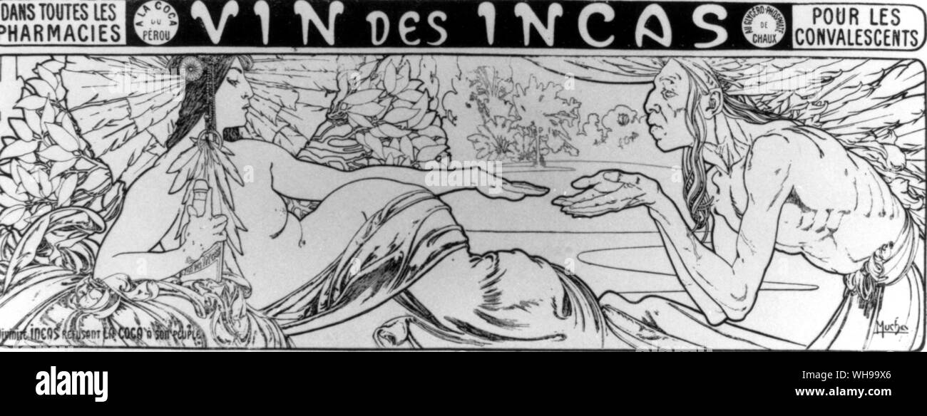 Anzeige von Alphonse Mucha: Schwerpunkt auf Linie - Vin des Inkas, dans toutes les Apotheken, pour les Rekonvaleszenten Stockfoto