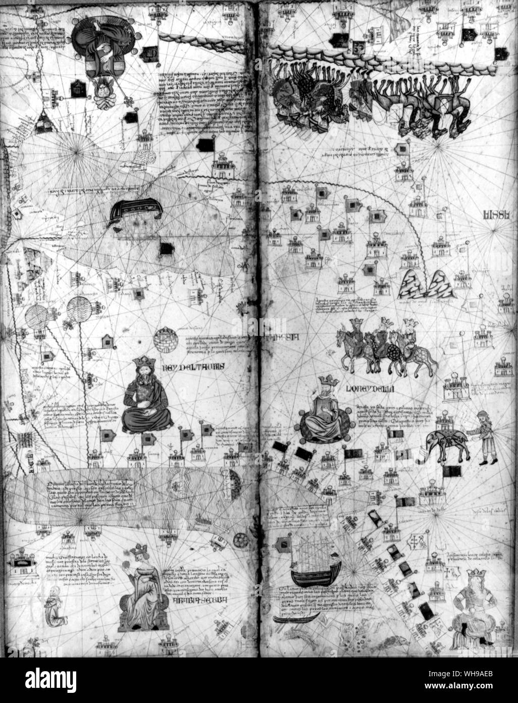 Eine Seite aus dem Katalanischen Atlas 1375 teilweise auf Informationen von Reisenden brachte in den Orient. Stockfoto