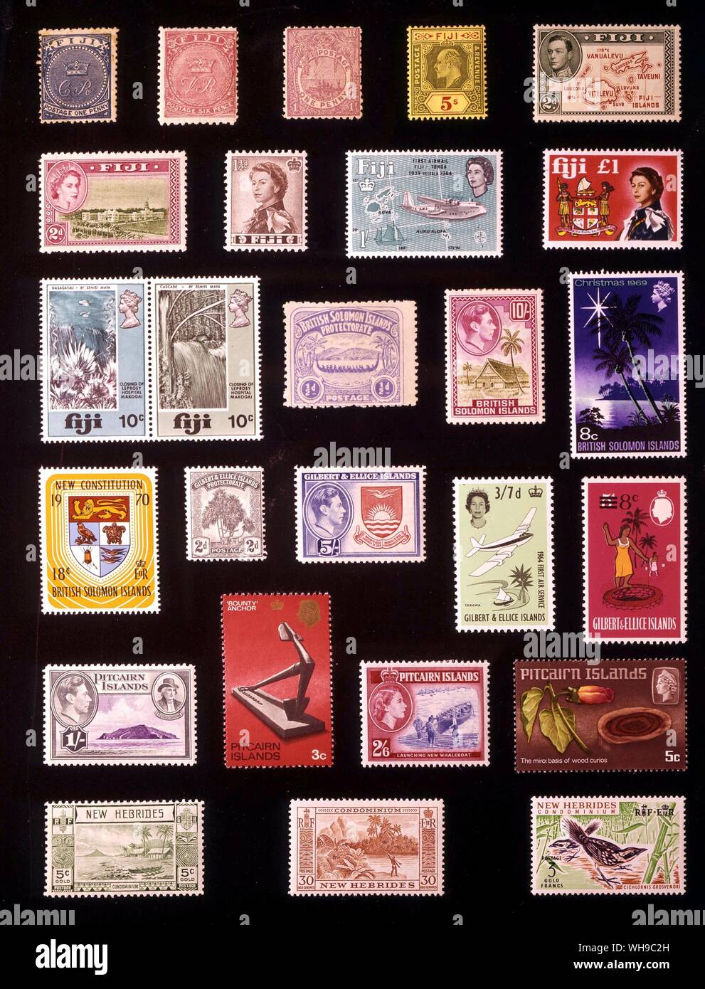 Australien und Polynesien - westlichen Pazifik Hohen Kommission: (von links nach rechts) 1. Fidschi, 1 Penny 1871, 2. Fidschi, 6 Pence, 1878, 3. Fidschi, 1 Penny 1895, 4. Fidschi, 5 Schilling 1911, 5. Fidschi, 2 Pence, 1938, 6. Fidschi, 2 Pence, 1954, 7. Fidschi, 1,5 Pence, 1962, 8. Fidschi, 1 Schilling, 1964, 9. Fidschi, 1 Pfund, 1968, 10. Fidschi, 10 + 10 Cent 1970, 11. Britische Salomonen Protektorat, 0,5 Cent 1907, 12. Britische Salomonen, 10 Schilling, 1942, 13. Britische Salomonen, 8 Cent 1969, 14. Britische Salomonen, 18 Cent, 1970, 15. Gilbert und Ellice Inseln, 2 Pence 1911, 16. Gilbert und Ellice Stockfoto