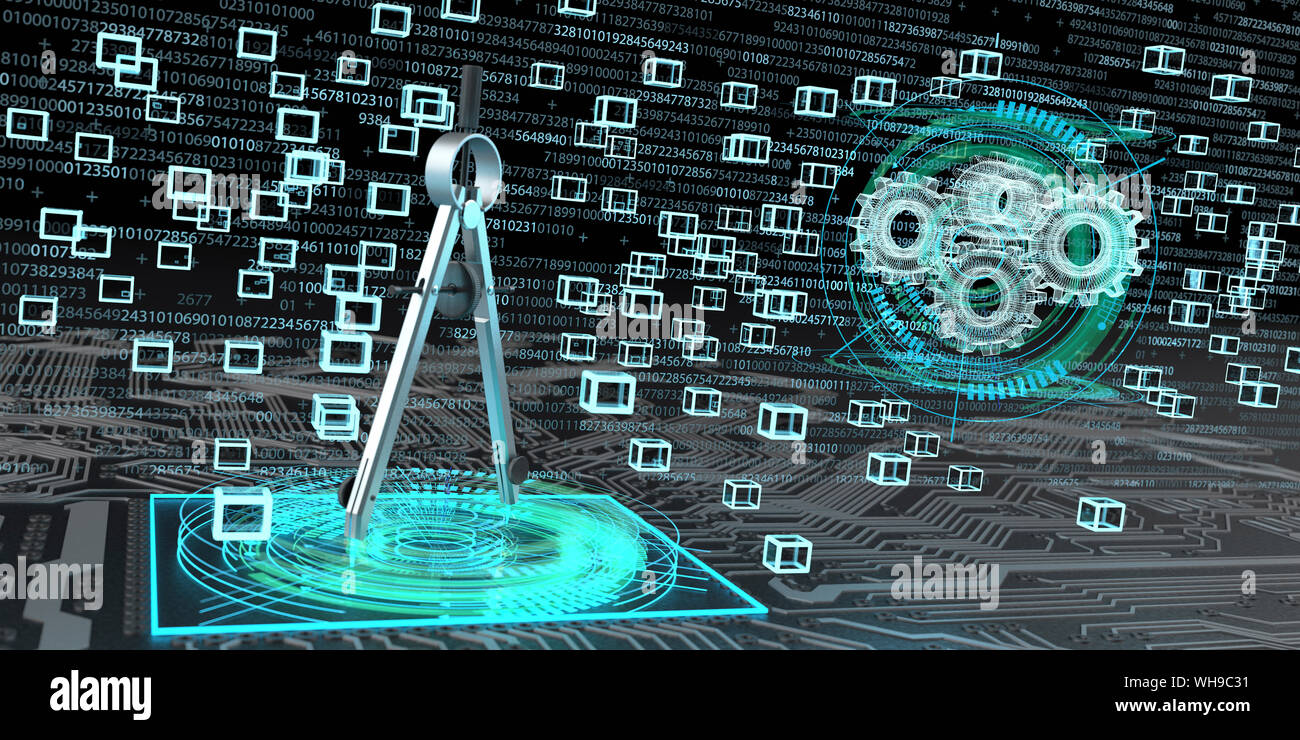 Digital Engineering, Kompasse auf einem Brett mit Bausteinen und Gänge als Hologramm, 3D-Darstellung Stockfoto