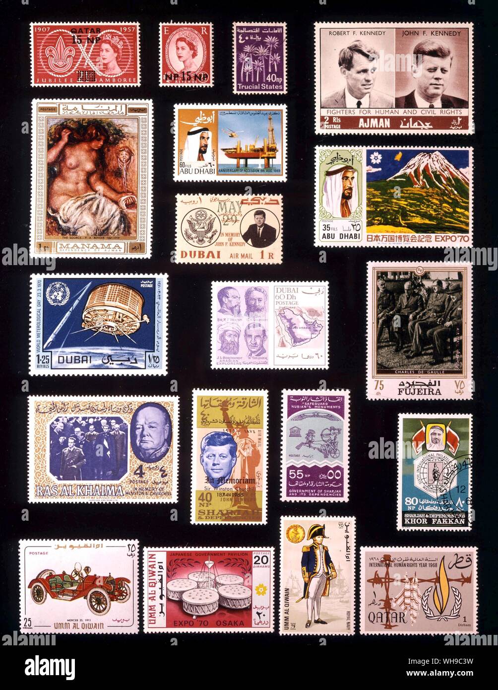 Asien - TRUCIAL STAATEN: (von links nach rechts) 1. Katar, 15 naye Paise, 1957, 2. Persischen Golf Agenturen, 15 naye Paise, 1957, 3. Trucial Staaten, 40 naye Paise, 1961, 4. Ajman, 2 Rial, 1968, 5. Manama, 1 Dirham, 1970, 6. Abu Dhabi, 60 Fils, 1969, 7. Abu Dhabi, 35 Fils, 1970, 8. Dubai, 1 Rupie, 1964, 9. Dubai, 1,25 Rial, 1970, 10. Dubai, 60 Dirham, 1969, 11. Plauen, 75 Dirham, 1970, 12. Ras Al Khaima, 4 Rupien 1965, 13. Sharjah, 40 naye Paise 1965, 14. Sharjah, 55 naye Paise 1965, 15. Khor Fakkan, 80 naye Paise, 1966, 16. Umm al Qiwain, 25 Dirham, 1969, 17. Umm al Qiwain, 20 Dirham, 1970, Stockfoto