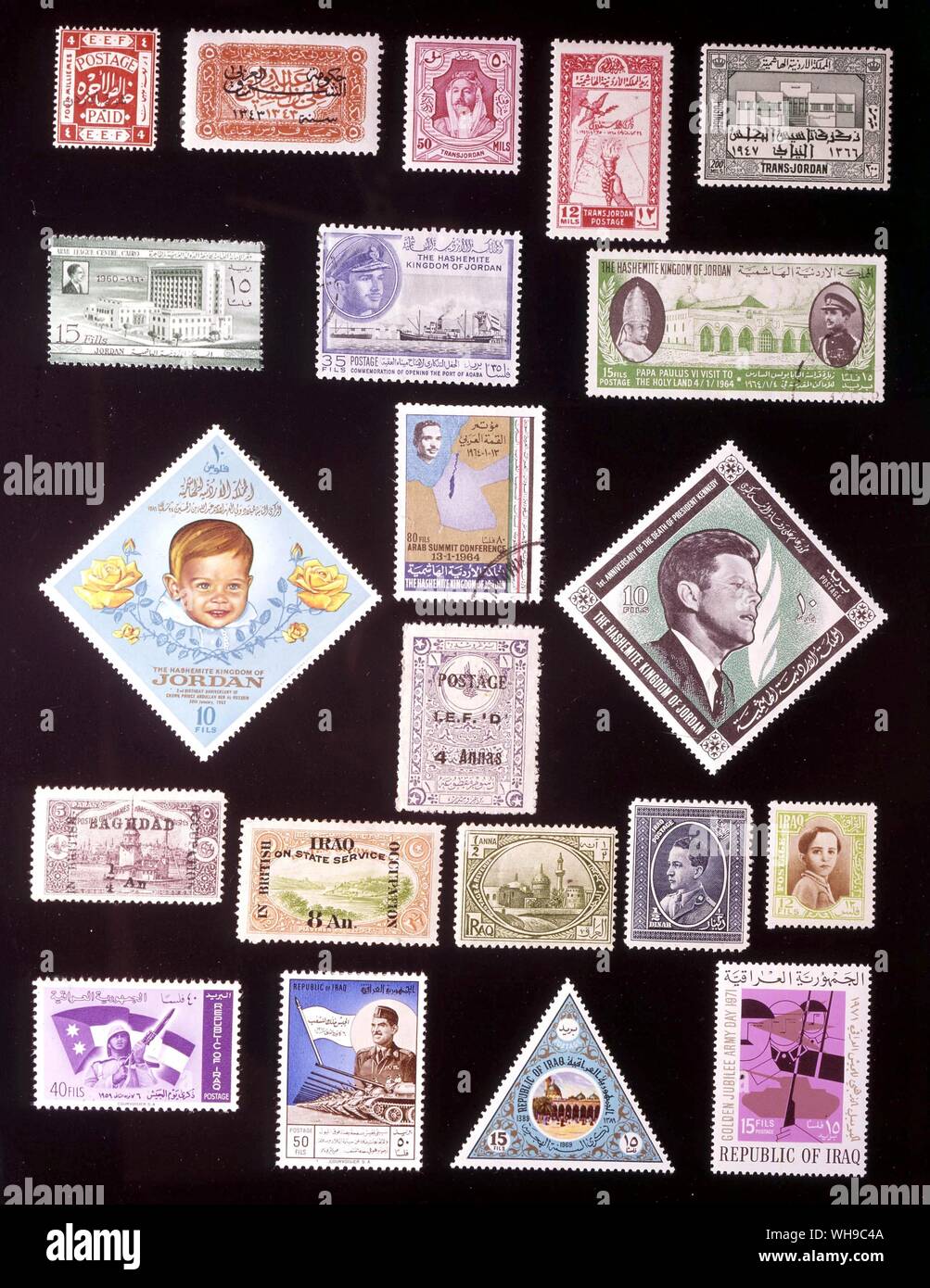Asien - JORDANIEN UND IRAK: (von links nach rechts) 1. Östlich von Jordanien, 4 mil, 1920, 2. Arabische Regierung des Ostens, 5 piastres, 1925, 3. Transjordanien, 50 mil, 1930, 4. Transjordanien, 12 mil, 1946, 5. Transjordanien, 200mil, 1947, 6. Jordanien, 15 Fils, 1960, 7. Jordanien, 35 Fils, 1962, 8. Jordanien, 15 Fils, 1964, 9. Jordanien, 10 Fils, 1964, 10. Jordanien, 80 Fils, 1964, 11. Jordanien, 10 Fils, 1965, 12. Mosul, 4 Hannas, 1919, 13 Bagdad, 0,25 Anna 1917, 14. Irak, 8 Hannas, 1920, 15. Irak, 0,25 Anna 1923, 16. Irak, 0,25 Dinar, 1934, 17. Irak, 12 Fils, 1942, 18. Irak, 40 Fils, 1959, 19. Irak, 50 Fils, 1963, 20. Irak, 15. Stockfoto
