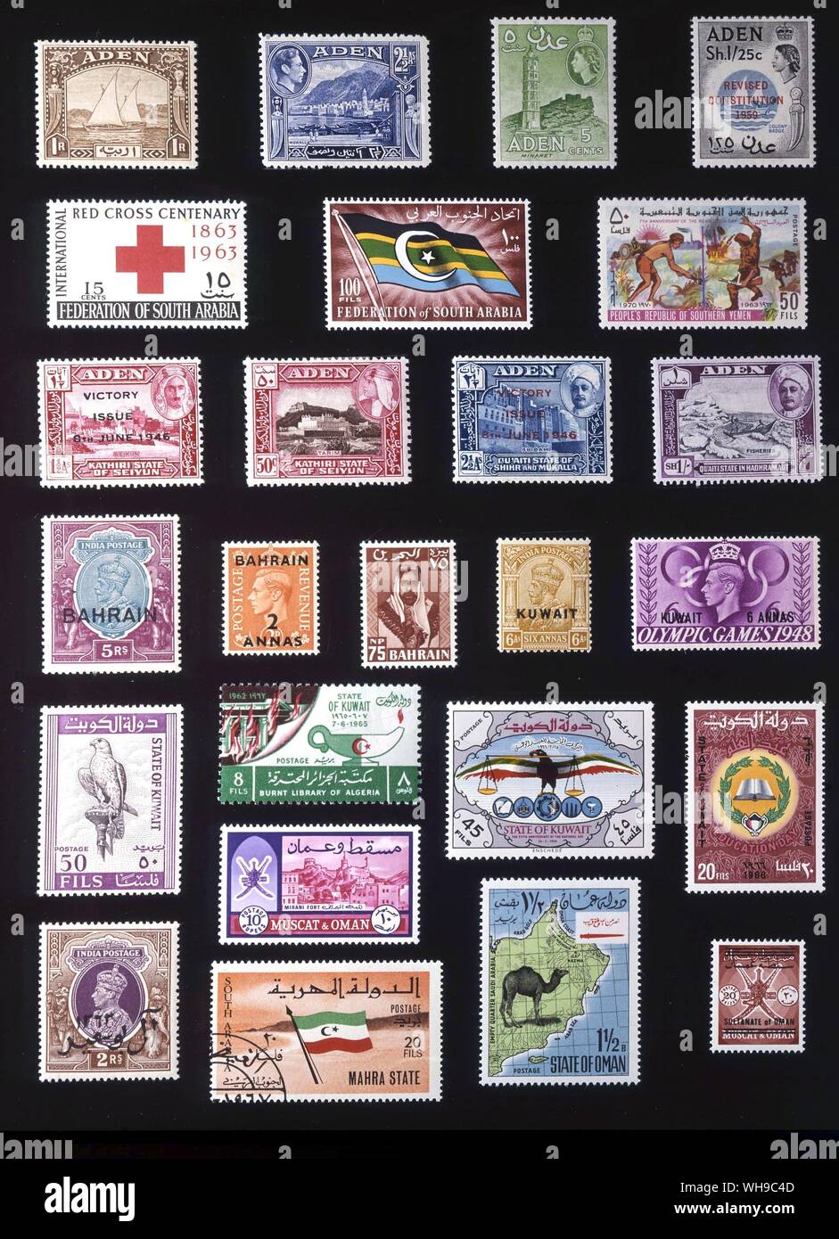 Asien - Südliches Arabien: (von links nach rechts) 1. Aden, 1 Rupie, 1937, 2. Aden, 2,5 Hannas, 1939, 3. Aden, 5 Cent, 1953, 4. Aden, 1,25 Schilling, 1959, 5. Verband der South Arabia, 15 Cent, 1963, 6. Federtion von Südarabien, 100 Fils, 1965, 7. Südjemen, 50 Fils, 1970, 8. Der kathiri State Seiyun, 1,5 Hannas, 1946. 9. Der kathiri State Seiyun, 50 Cent, 1954, 10. Qu'aiti State von Shihr und Mukalla, 2,5 Annas 1946, 11. Qu'aiti State in Hadhramaut, 1 Schilling, 1955, 12. Bahrain, 5 Rupien 1933, 13. Bahrain, 2 Hannas, 1948, 14. Bahrain, 75 Baye paise, 1960, 15. Kuwait, 6 Annas 1923, 16. Kuwait, Stockfoto