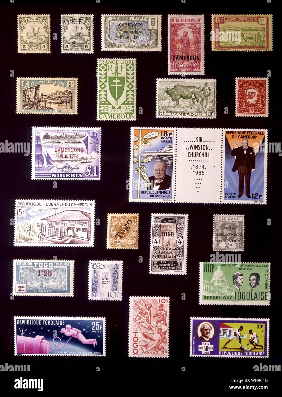 Afrika - Kamerun und Togo: (von links nach rechts) 1. Kamerun, 5 Pfennig, 1900, 2. Kamerun, 0,5 Pfennig, 1915, 3. Kamerun, 5 Rappen, 1916, 4. Kamerun, 30 Rappen, 1921, 5. Kamerun, 2 Rappen, 1925, 6. Kamerun, 2 Rappen, 1925. 7. Kamerun, 25 Rappen, 1942, 8. Kamerun, 10 Rappen, 1946, 9. Kamerun, 10 Centimes 1947, 10. Southern Cameroons, 1 Pfund, 1960, 11. Kamerun, 12 + 18 Franken 1965, 12. Kamerun, 15 Franken, 1965, 13. Togo, 3 Pfennig 1897, 14. Togo, 4 Rappen, 1916, 15. Togo, 2 Pence, 1915, 16. Togo, 1,25 Franken, 1926, 17. Togo, 10 Centimes 1947, 18. Togo, 100 Franken, 1962, Stockfoto