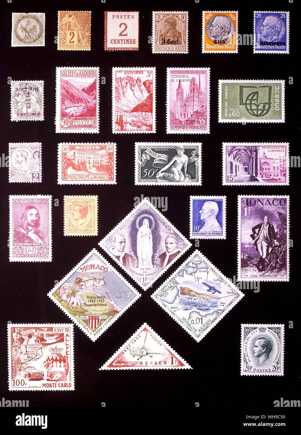 Europa - FRANZÖSISCHE GRUPPE: (von links nach rechts) 1. Französische Kolonien, 1 Rappen, 1862, 2. Französische Kolonien, 2 Rappen, 1881, 3. Elsaß-Lothringen, 2 Rappen, 1870, 4. Deutsche Western Befehl, 3 Rappen, 1916, 5. Elsass, 100 Pfennig, 1940, 6. Lorraine, 25 Pfennig, 1940, 7. Andorra, 0,5 Rappen, 1931, 8. Andorra, 90 Rappen, 1932, 9. Andorra, 3 Franken, 1955, 10. Europarat, 35 Franken, 1958, 11. UNESCO, 60 Rappen, 1966, 12. Monaco, 2 Centimes 1891 13. Monaco, 30 Rappen 1923, 14. Monaco, 50 Rappen, 1948, 15. Monaco, 15 Franken, 1952, 16. Monaco 10 + 10 Rappen 1939, 17. Monaco, 80 Stockfoto