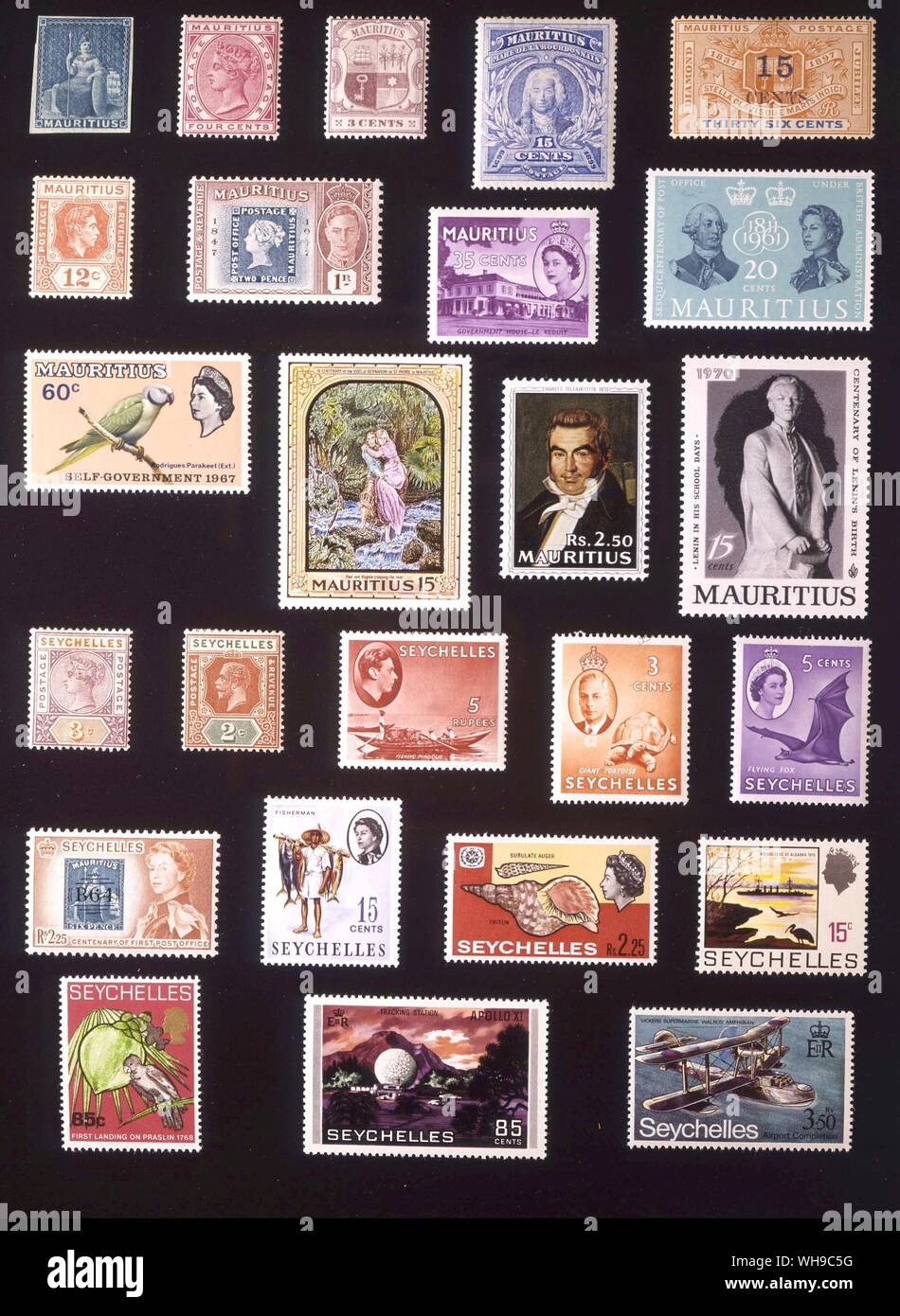 Afrika - Mauritius und Seychellen: (von links nach rechts) 1. Mauritius, undenominated, 1858, 2. Mauritius, 4 Cent, 1885, 3. Mauritius, 3 Cent 1895, 4. Mauritius, 15 Cent, 1899, 5. Mauritius, 15 Cent, 1899, 6. Mauritius, 12 Cent, 1938, 7. Mauritius, 1 Rupie, 1948, 8. Mauritius, 35 Cent, 1954, 9. Mauritius, 20 Cent, 1961, 10. Mauritius, 60 Cent, 1967, 11. Mauritius, 15 Cent, 1968, 12. Mauritius, 2,50 Rupien 1969, 13. Mauritius, 15 Cent, 1970, 14. Seychellen, 3 Cent 1893, 15. Seychellen, 2 Cents 1917, 16. Seychellen, 5 Rupien 1938, 17. Seychellen, 3 Cent, 1952, 18. Seychellen, 5 Cent, Stockfoto
