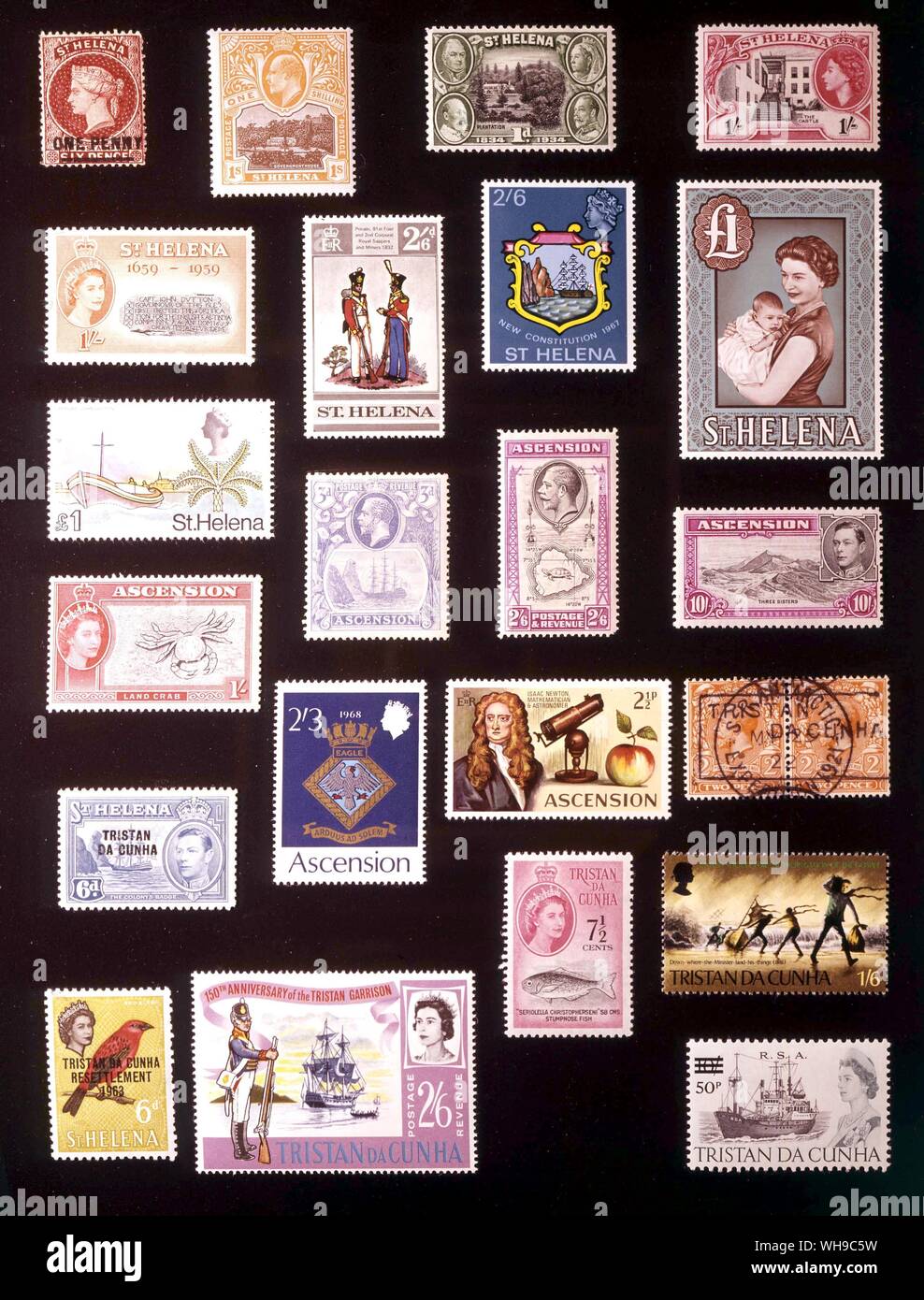 Afrika - St. Helena und Nebengebiete: (von links nach rechts) 1. St Helena, 1 Penny 1863, 2. St Helena, 1 Schilling, 1903, 3. St Helena, 1 Pfennig, 1934, 4. St Helena, 1 Schilling, 1953, 5. St Helena, 1 Schilling, 1959, 6. St Helena, 2 Shilling 6 Pence, 1969, 7. St Helena, 2 Shilling 6 Pence, 1967, 8. St Helena, 1 Pfund, 1961, 9. St Helena, 1 Pfund, 1968, 10. Christi Himmelfahrt, 3 Pence, 1924, 11. Christi Himmelfahrt, 2 Shilling 6 Pence, 1934, 12. Christi Himmelfahrt, 10 Schilling, 1938, 13. Christi Himmelfahrt, 1 Schilling, 1956, 14. Christi Himmelfahrt, 2 Shilling 3 Pence 1969, 15. Christi Himmelfahrt, 2,5 Pence, 1971, 16. Tristan da Cunha, 2 + 2 Cent kosten, Stockfoto