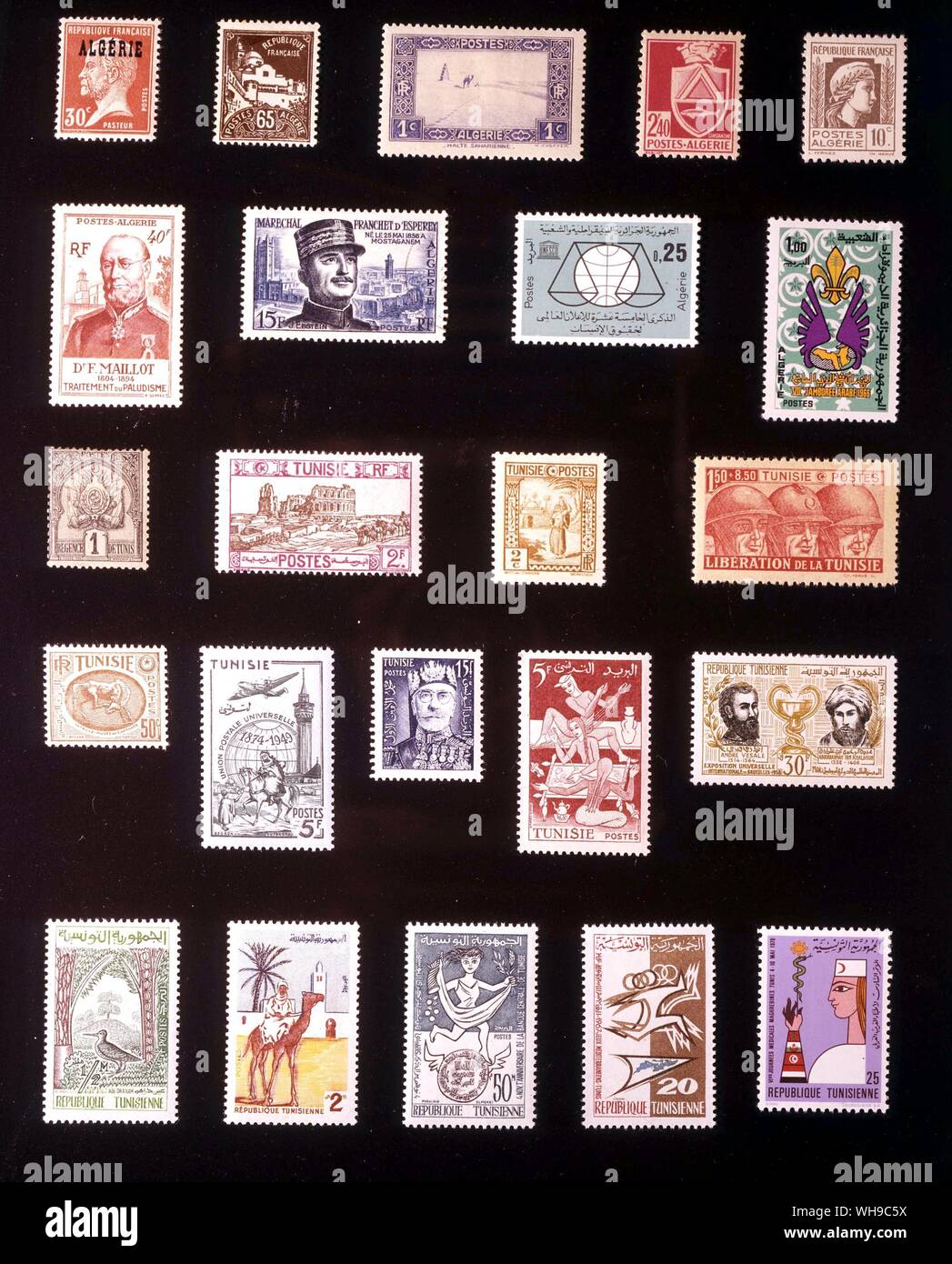Afrika - Algerien und Tunesien: (von links nach rechts) 1. Algerien, 30 Rappen, 1924, 2. Algerien, 65 Rappen, 1927, 3. Algerien, 1 Rappen, 1936, 4. Algerien, 2,40 Franken, 1943, 5. Algerien, 10 Rappen, 1944, 6. Algerien, 40 Frans, 1954, 7. Algerien, 15 Franken, 1956, 8. Algerien, 25 Rappen, 1963, 9. Algerien, 1 Dinar, 1966, 10. Tunisi 1 Rappen 1888, 11. Tunesien, 2 Franken, 1926, 12. Tunesien, 2 Centimes 1931, 13. Tunisi, 1,50 + 8,50 Franken, 1943, 14. Tunesien, 50 Rappen, 1951, 15. Tunesien, 5 Franken, 1949, 16. Tunesien, 15 Franken, 1955, 17. Tunesien, 5 Franken, 1955, 18. Tunesien, 30 Franken, 19. Tunesien, Stockfoto