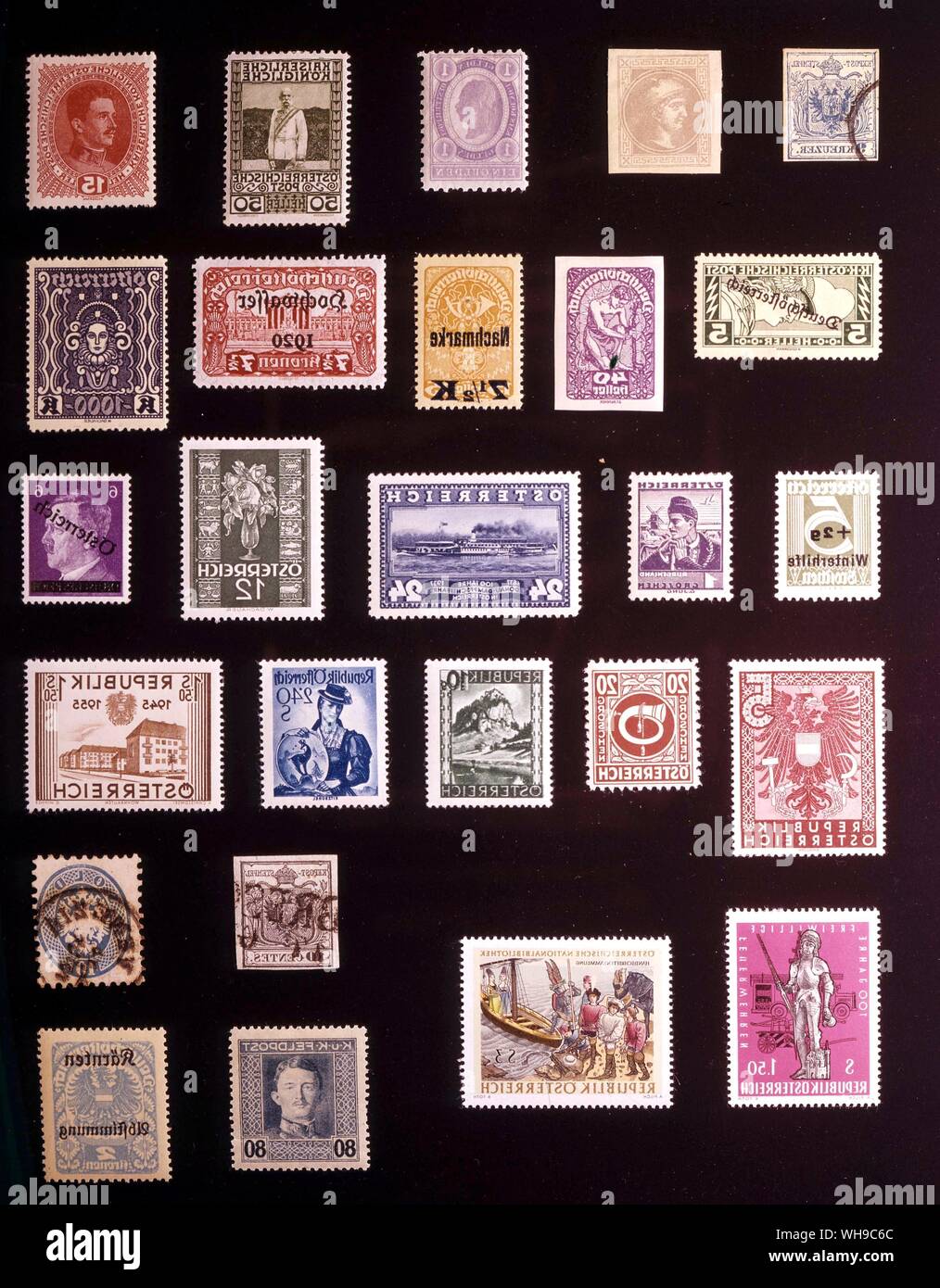 Europa - Österreich: (von links nach rechts) 1. 9 Kreuzer, 1850, 2. Zeitungsmarke 1867, 3. 1 Gulden, 1896, 4. 50 Heller, 1908, 5. 15 Heller, 1917, 6. 5 heller Zeitung Express Stempel, 1919, 7. 40 Heller, 1919, 8. 7,5 Kronen, Portomarken, 1921, 9. 7,5 Kronen, 1921, 10. 1000 Kronen 1922, 11. 5 + 2 Groschen, Winter Relief, 1933, 12. 1 Groschen, 1934, 13. 24 Groschen 1937, 14. 12 Groschen, 1934, 13. 24 Groschen 1937, 14. 12 Groschen 1937, 15. 6 Pfennig 1945, 16. 5 dm, 1945, 17. 20 Groschen 1945, 18. 10 Groschen 1945, 19. 2,40 Schilling, 1951, 20. 1,50 Schilling, 1955, 21. 1,50 Stockfoto