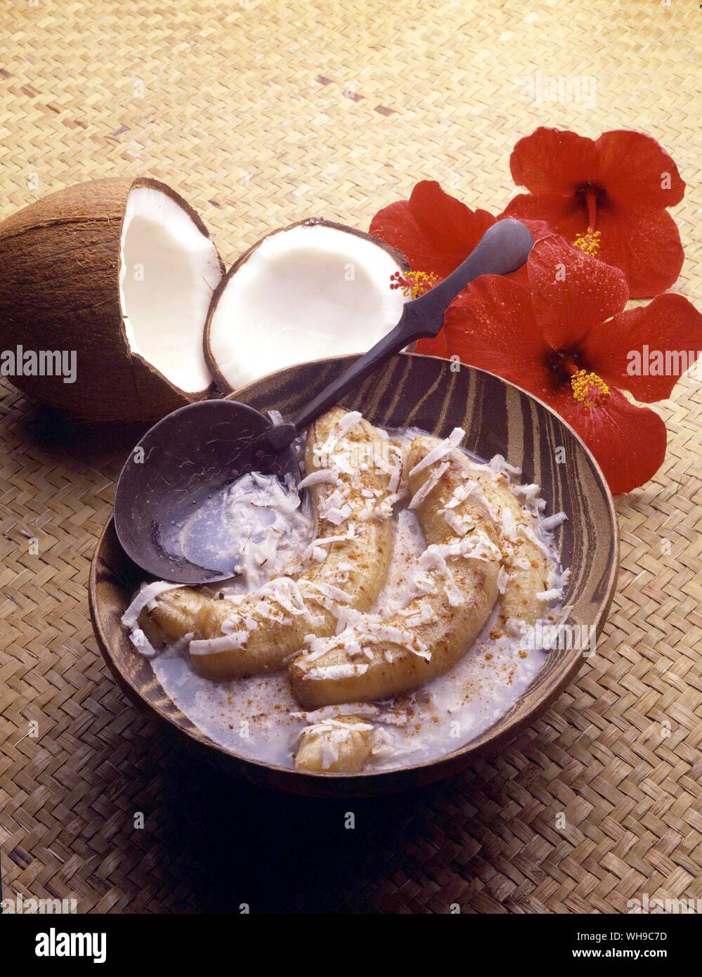 Banane mit Kokos pudding Seychelles International kochen Stockfoto