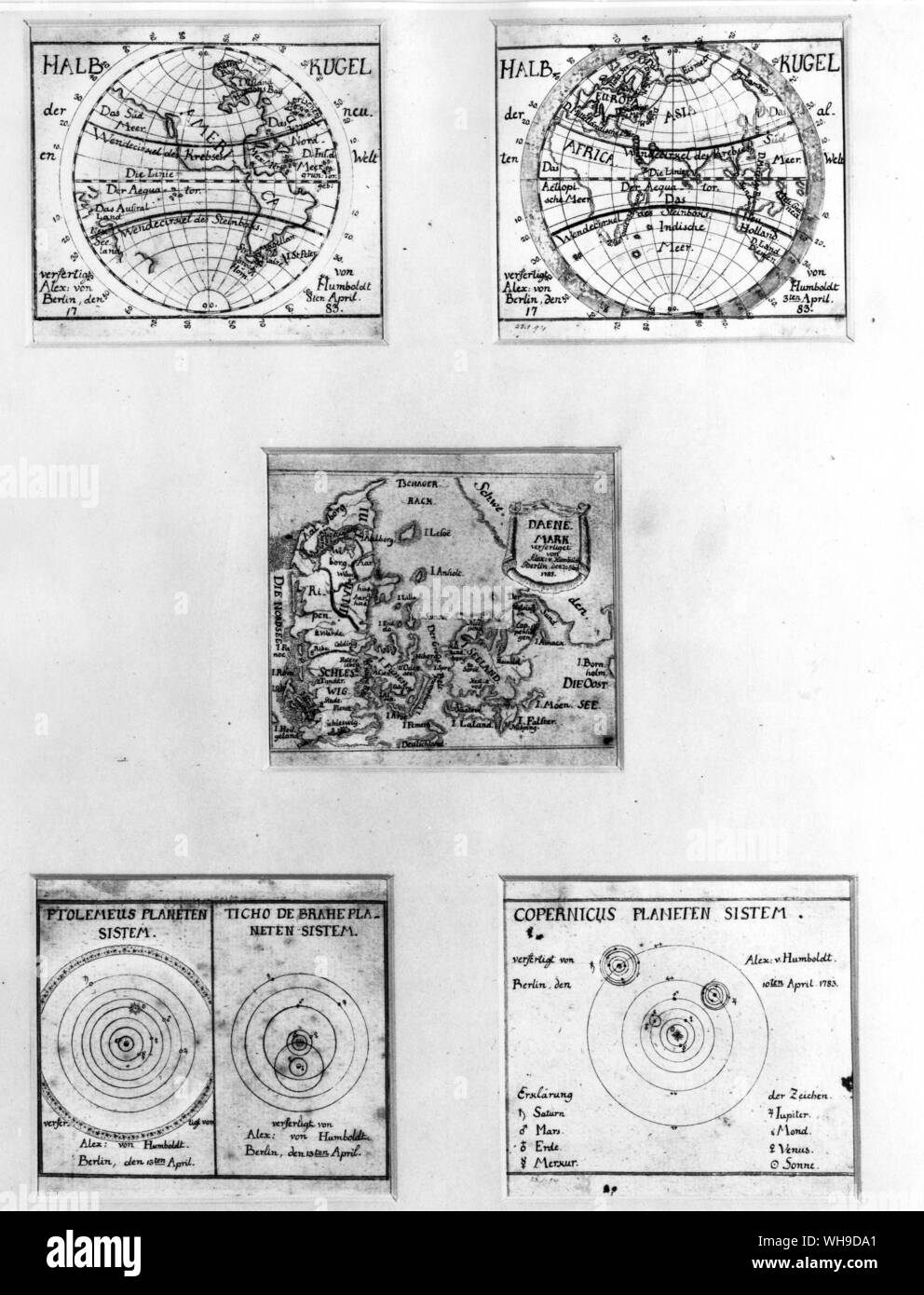 Humboldt's Interesse im Kosmos schon früh begonnen. Vor kurzem Zeichnungen der Neuen Welt und die Kopernikanische Planetensystem, von Humboldt im Jahr 1783 getan, als er vierzehn war entdeckt. Stockfoto