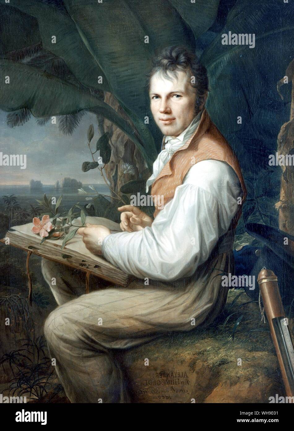Humboldt in Venezuela, Anlage drücken Sie auf seinem Schoß, Hut und Barometer hinter ihm. Gemälde von F. G. Weitsch Übersetzung: Helge Moog. Stockfoto