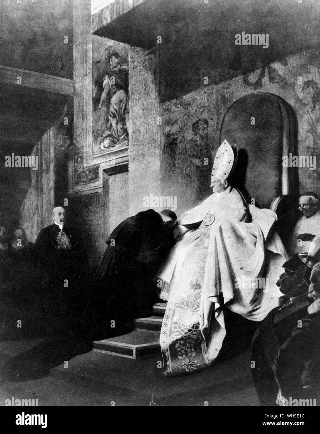 Leo XIII (Vicenzo Gioacchino Pecci) (1810-1903), Papst von 1878. Foto zeigt ein Kardinal zahlen Hommage an Leo XIII. im Jahre 1887. Stockfoto