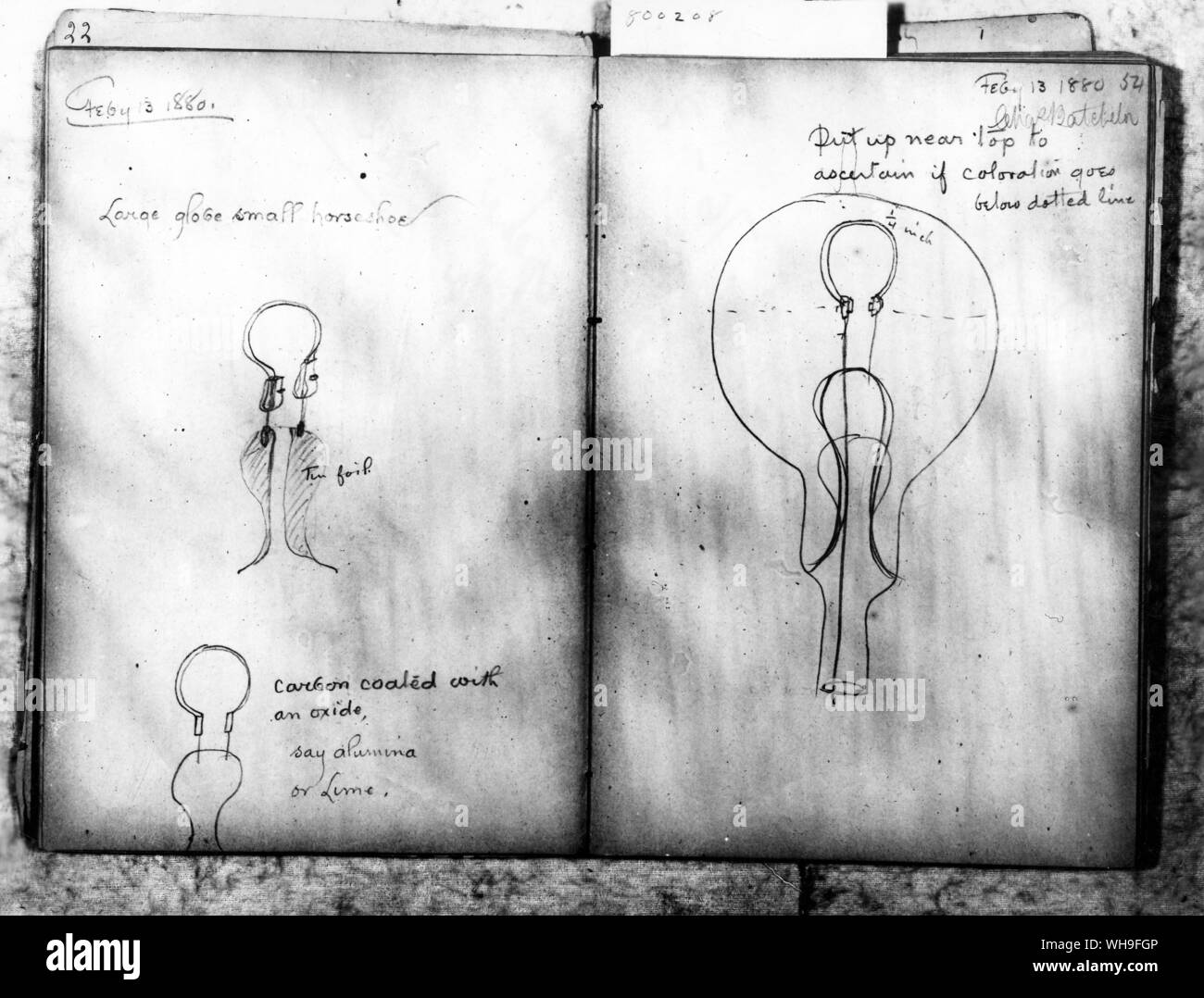 Thomas Edison (1847-1931). Notebook Skizze einer Glühbirne von Februar 1880. Stockfoto
