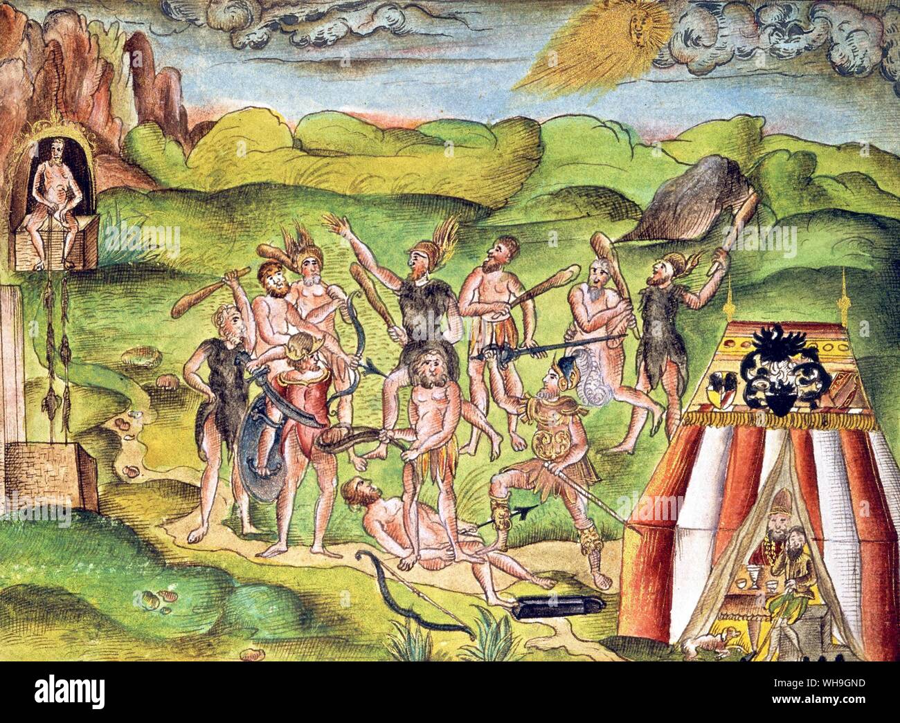 Gefecht zwischen Spaniern und Indianern von Hieronymus Koler (die nie ging nach Amerika und wusste nicht, dass die Inder bartlos sind) Stockfoto