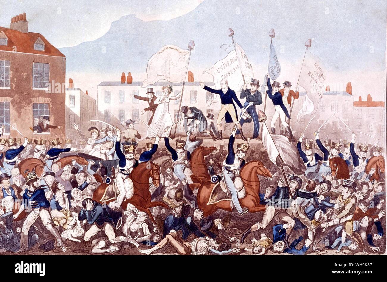 Die peterloo Massaker 1819 gewaltsame Aufbrechen einer Tagung über die Reform des Parlaments bei St. Peter Feld Manchester statt. Der Manchester Yeomanry aufgeladen in die Menge töten 11 Menschen Stockfoto