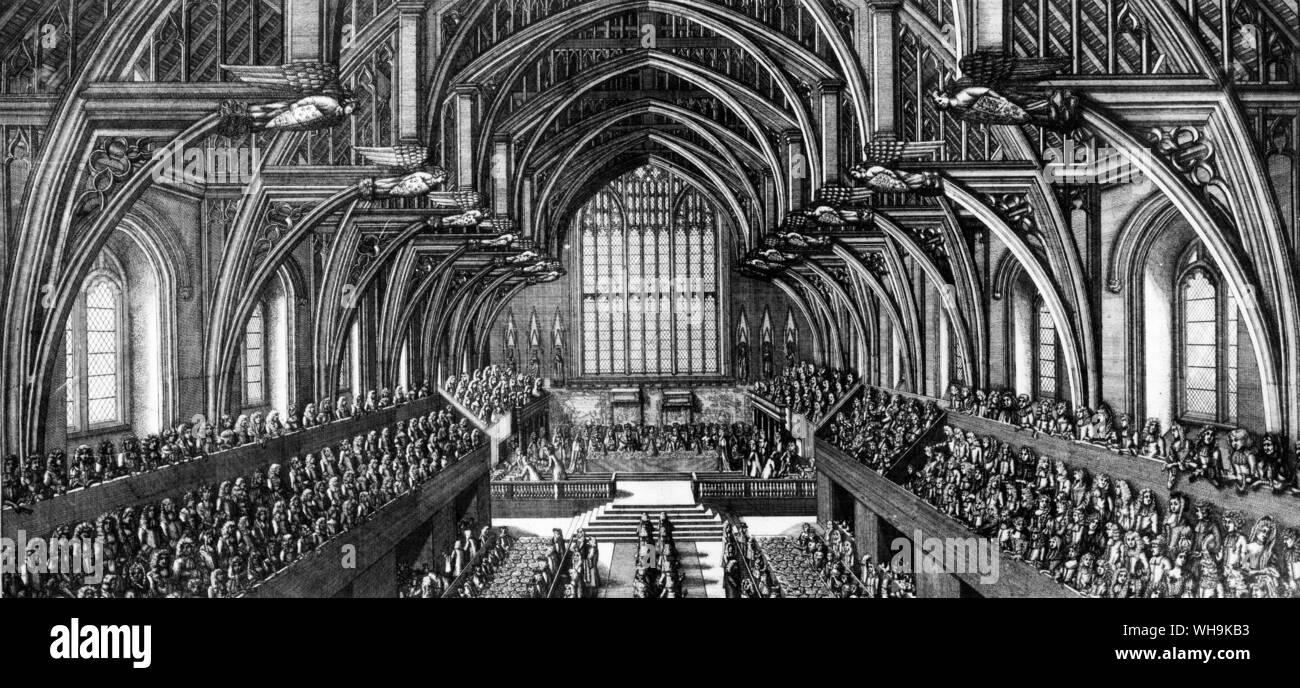 Die Aussicht auf der Innenseite der Westminster Hall. Zeigt, wie der König und die Königin mit dem Adel und anderen, nicht zum Abendessen am Tag der Krönung sitzen, 23. April 1685. Beginn der König James II. Stockfoto