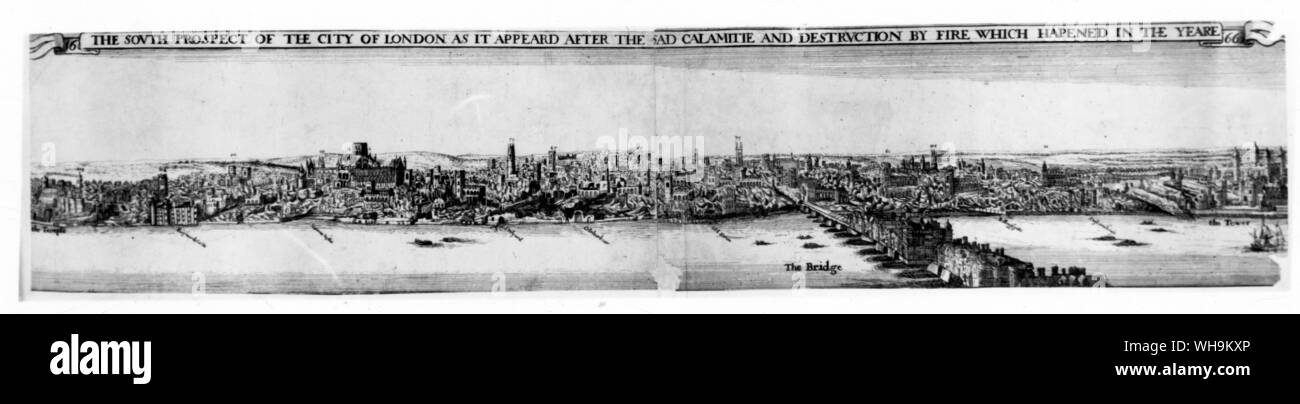 "Der Süden Aussicht auf die City von London, wie es nach dem traurigen Unglück und Zerstörung durch Feuer, die im Jahr 1666 geschah, erschien." das Große Feuer von London. Stockfoto