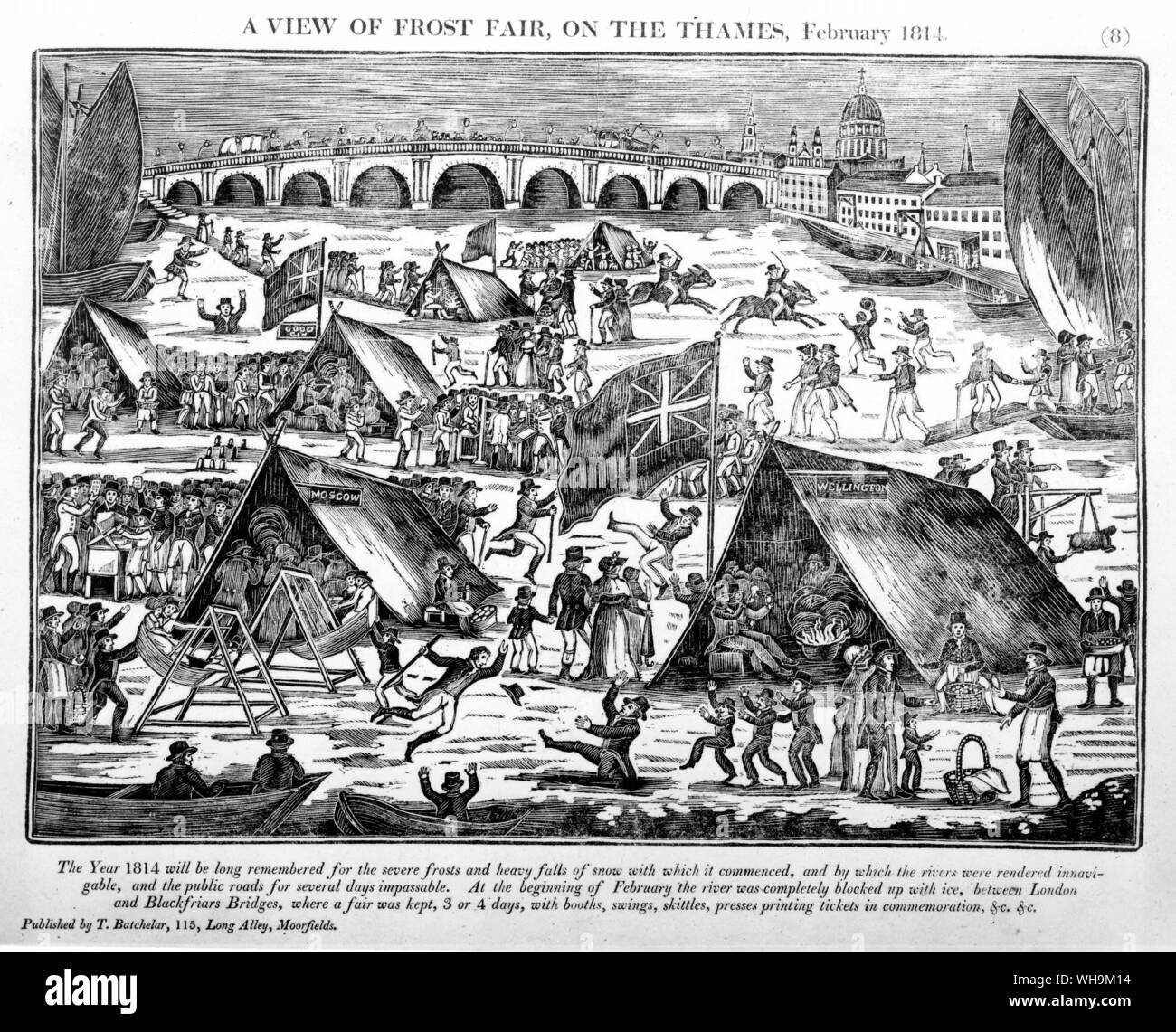 1814: "Ein Blick auf die Frost Fair auf der Themse." Anfang Februar 1814 wurde der Fluss komplett mit Eis blockiert. Stockfoto