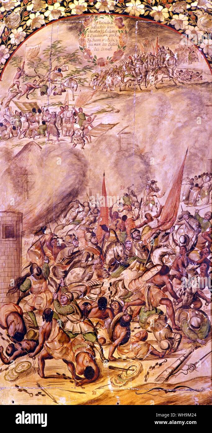 Die Spanier kämpfen, ihren Ausweg von Tenochtitlan Inder acclaim Cuitlahva König 1521 Stockfoto