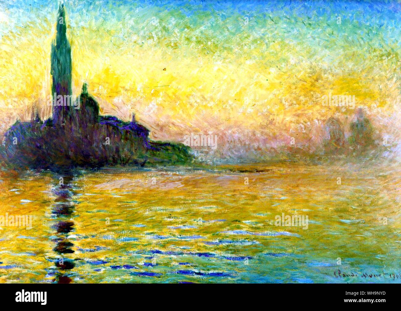 Dämmerung, San Giogio Maggiore, Venedig von Claude Monet, 1908. "Türme und Kuppeln und Türme schlummernden in einem goldenen Nebel der Sonnenuntergang." Die Unschuldigen im Ausland Stockfoto