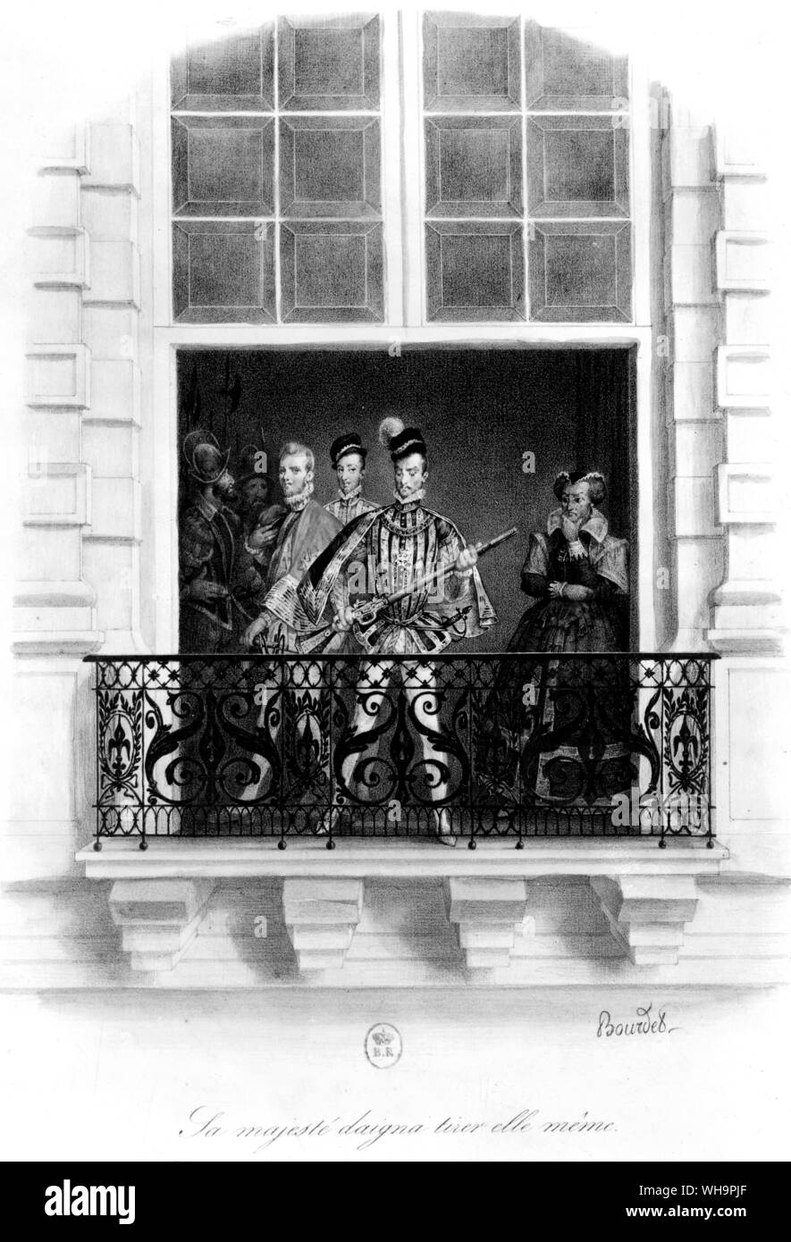 Karl IX. und Katharina von Medici beobachten das Massaker von St. Bartholomäus. Stockfoto