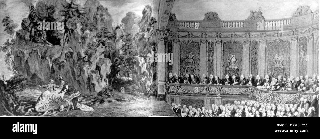 Eine Performance von Apg et Galatee in Madame de Pompadour's Theater in Versailles. Gouache von Charles-Nicolas Cochin Stockfoto